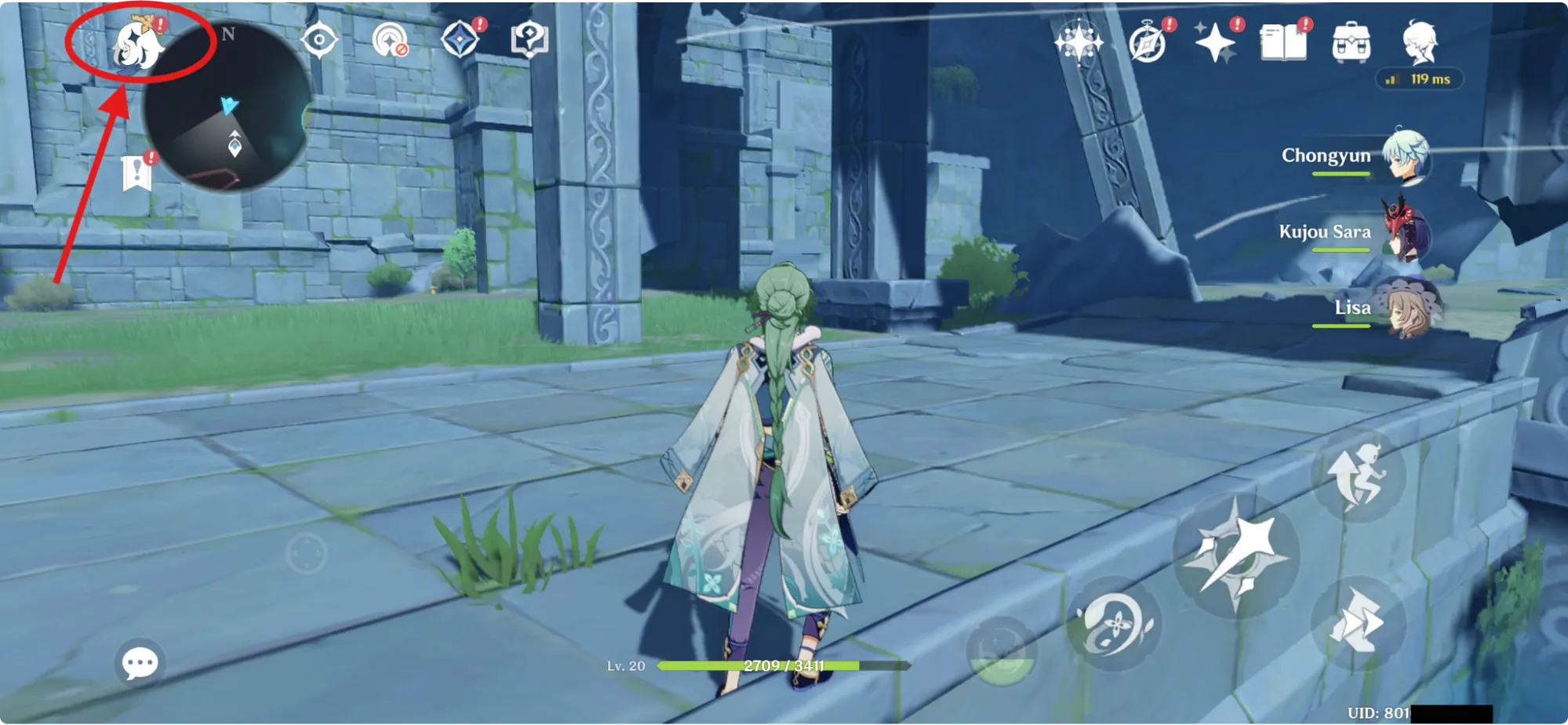 Em Genshin Impact, toque no ícone de menu no canto superior esquerdo do ecrã.