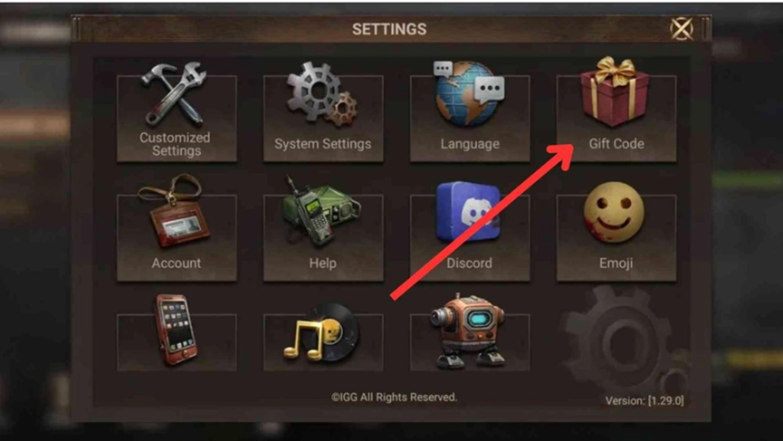 2.新視窗開啟後，點擊「設定」圖示，然後點擊 「禮包碼」按鈕。請記住：代碼區分大小寫。