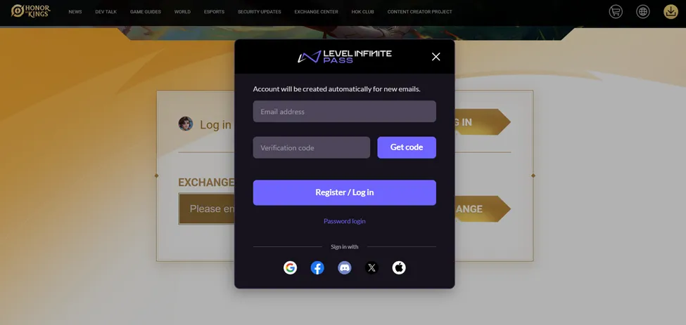 ”قم بتسجيل الدخول باستخدام بيانات حسابك في لعبة honor of kings”