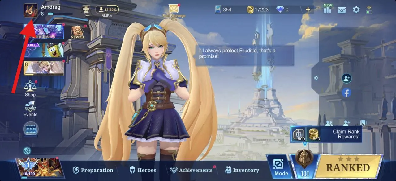 قم بتشغيل لعبة موبايل ليجند على جهازك المحمول، ثم اضغط على الصورة الرمزية (Avatar) في الزاوية العلوية اليسرى من القائمة الرئيسية