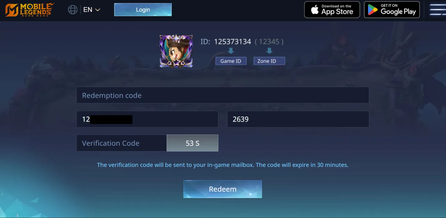 أدخل معرف اللعبة ومعرف المنطقة في الحقول المخصصة، ثم اضغط على زر إرسال الموجود في حقل رمز التحقق