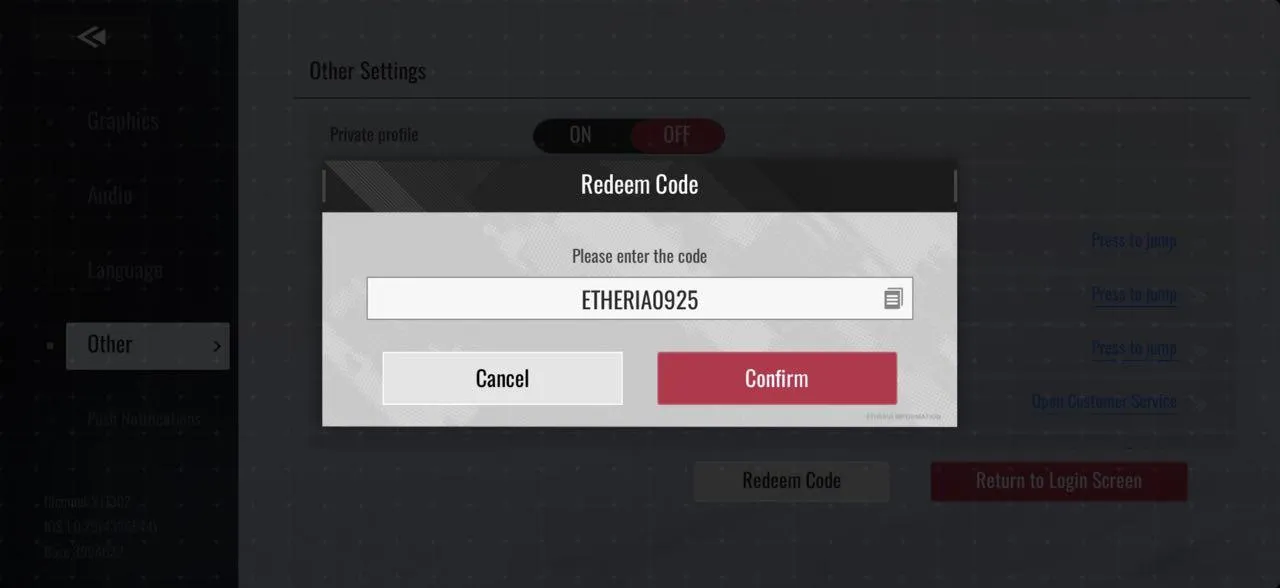 6- أدخل أحد أكواد Etheria: Restart التي تم توضيحها أعلاه.